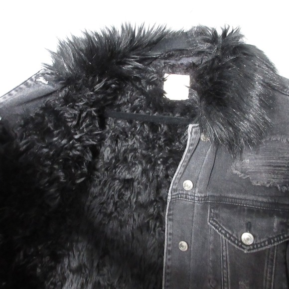 American Eagle Jean Jacket Medium Black Faux Fur Grunge‎ Punk Fade Distressed - Picture 4 of 8